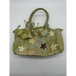 Chi Falchi Metallic Collage Hobo Shoulder Bag Lime Green Flowers Sparkly Leather